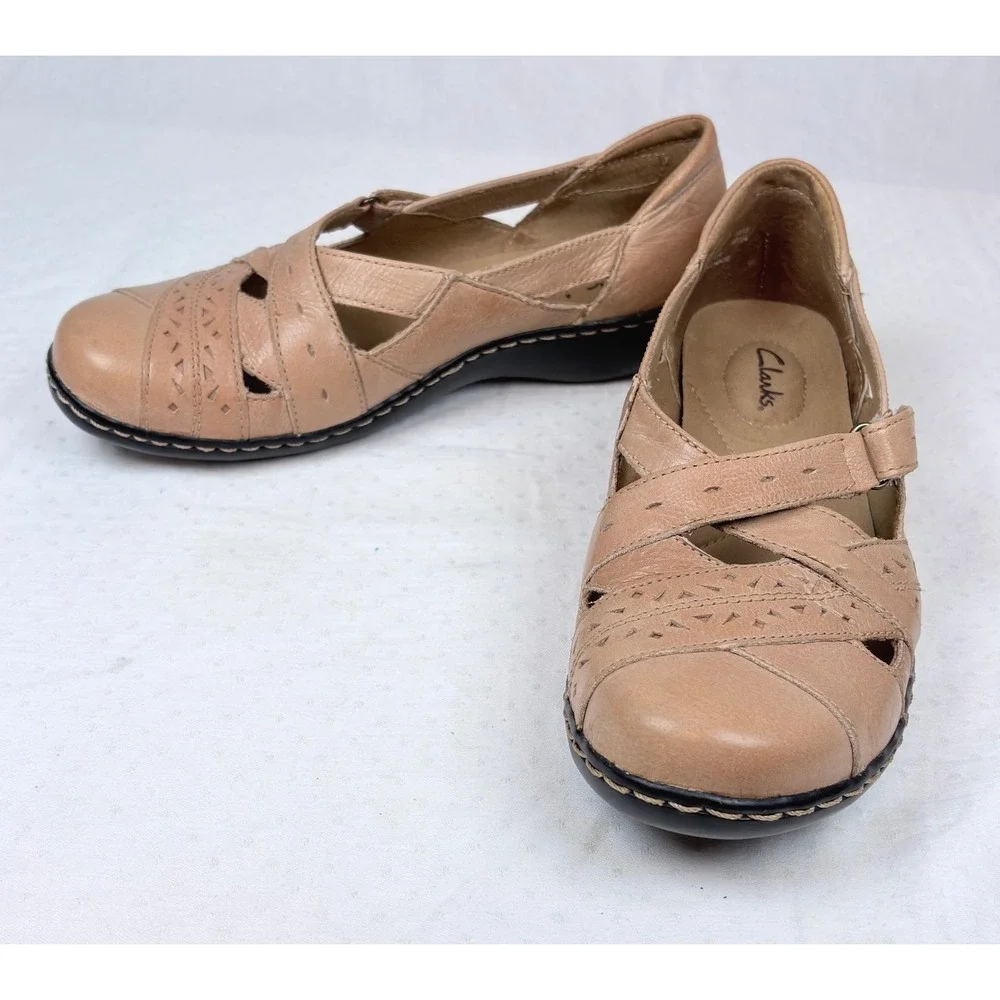 Clarks Women Bendables Ashland River Tan Leather Laser Cut Mary Jane Flats 7.5W